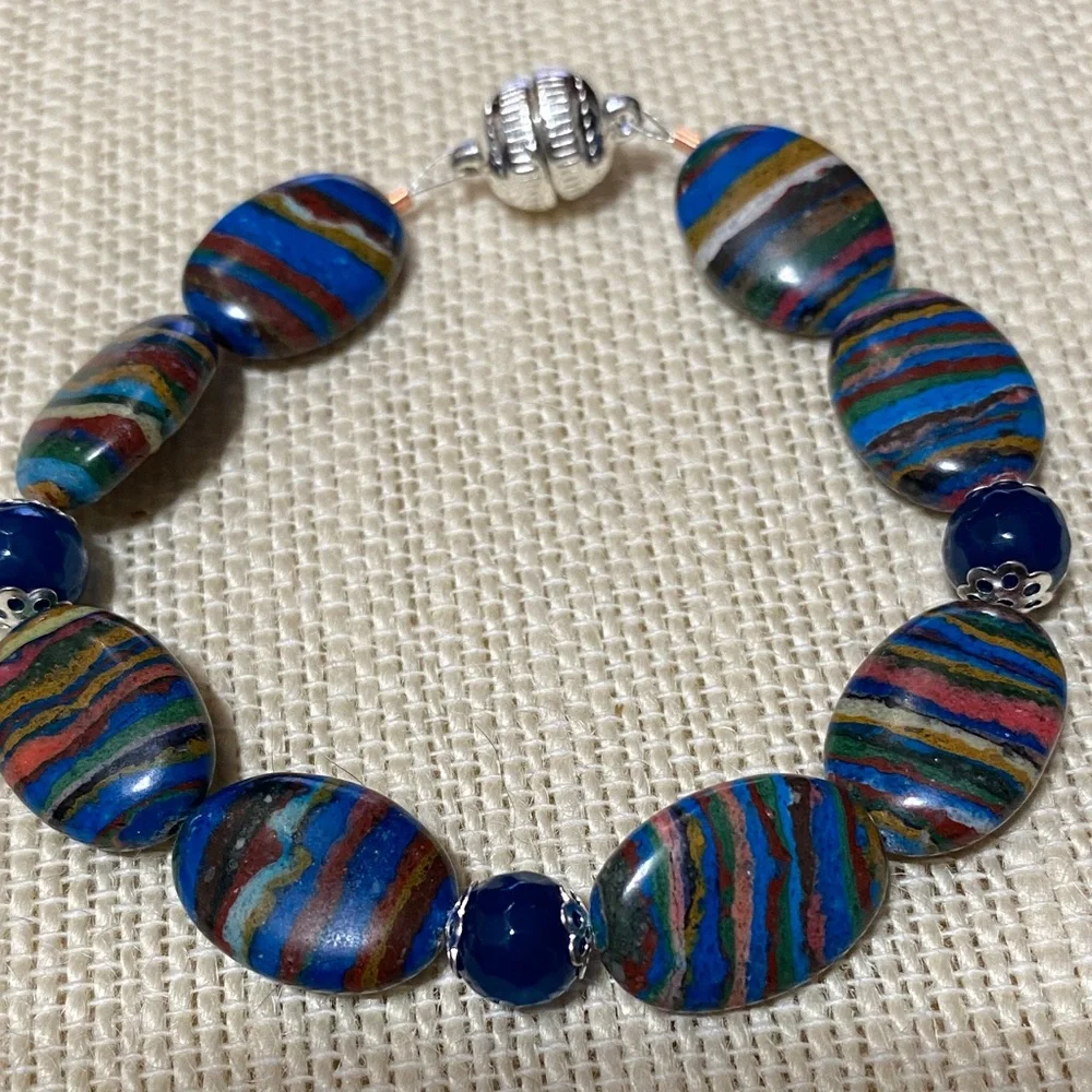 Natural genuine Rainbow Calsillica gemstone artisan Beaded 7.5” Bracelet